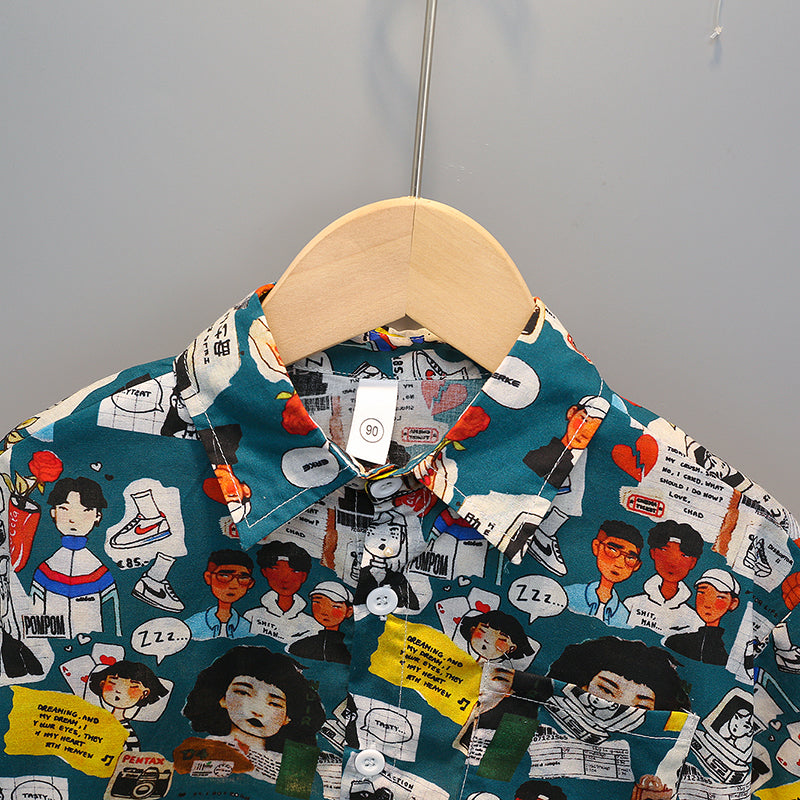 Boys Blue Graphic Printed Pure Cotton Shirt with Shorts