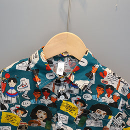 Boys Blue Graphic Printed Pure Cotton Shirt with Shorts