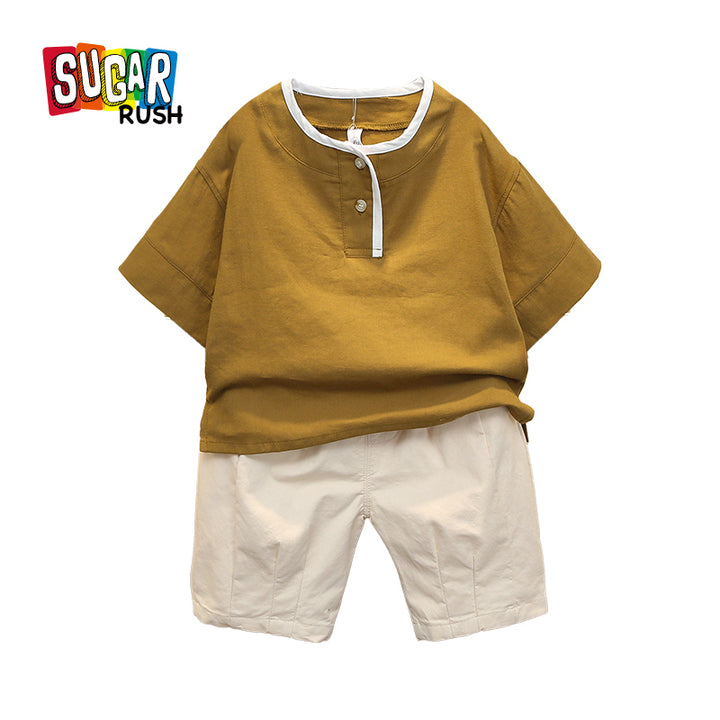 Boys Khaki & Beige Pure Cotton T-shirt With Shorts