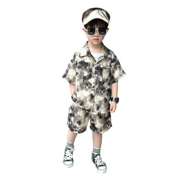 Boys Shirt Collar Short Sleeves Dyed Shirt with Shorts