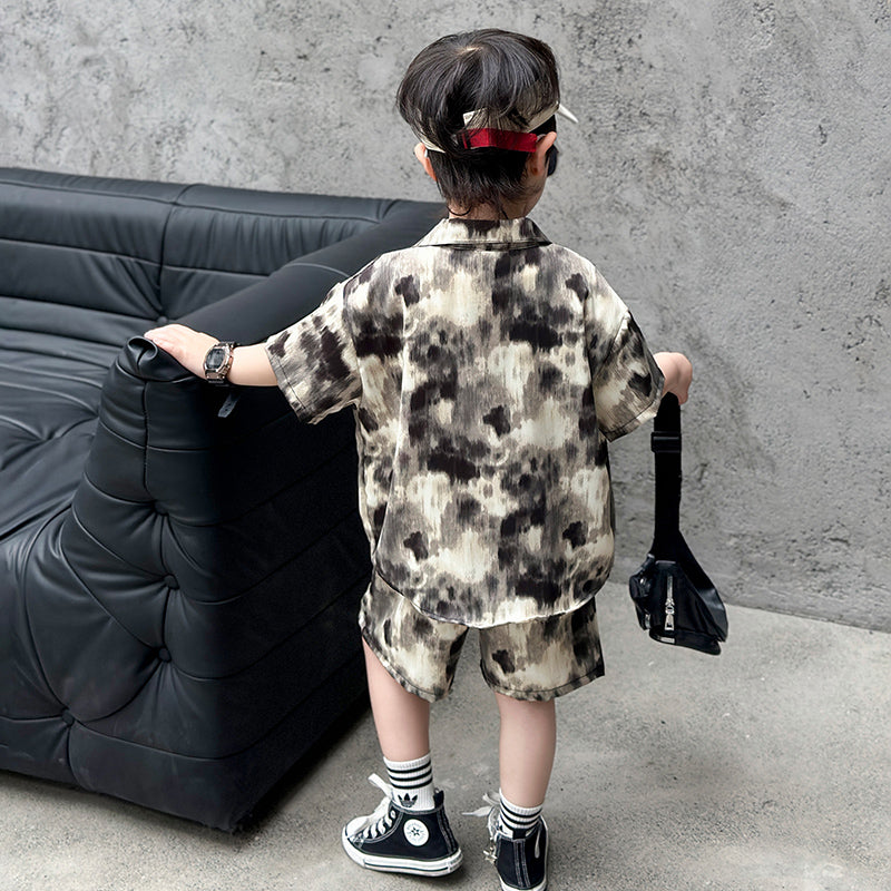 Boys Shirt Collar Short Sleeves Dyed Shirt with Shorts