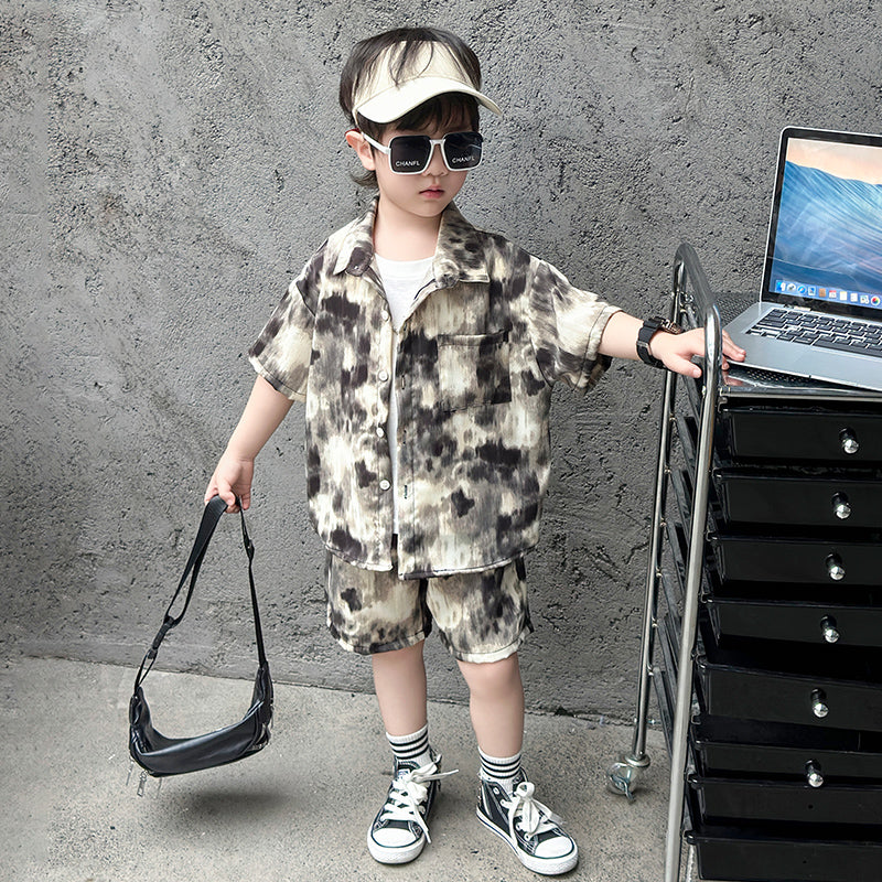 Boys Shirt Collar Short Sleeves Dyed Shirt with Shorts