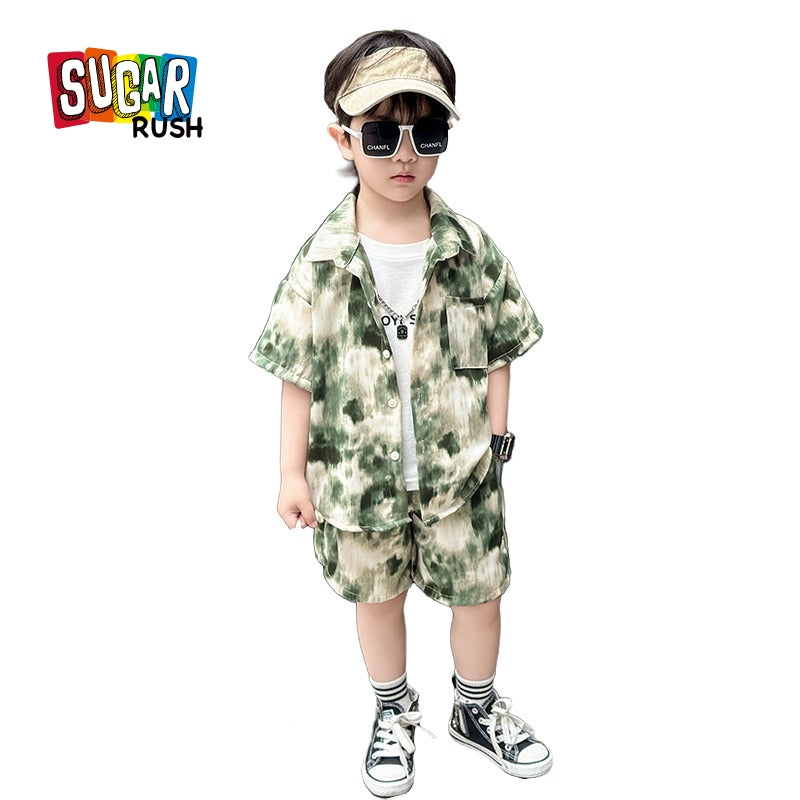 Boys Green & White Dyed Shirt with Shorts