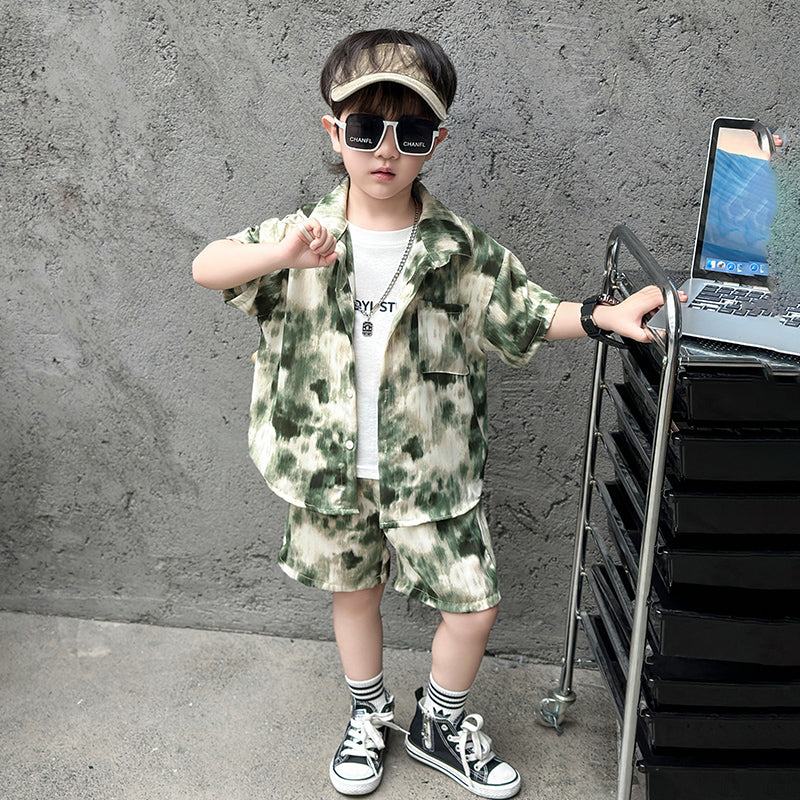 Boys Green & White Dyed Shirt with Shorts
