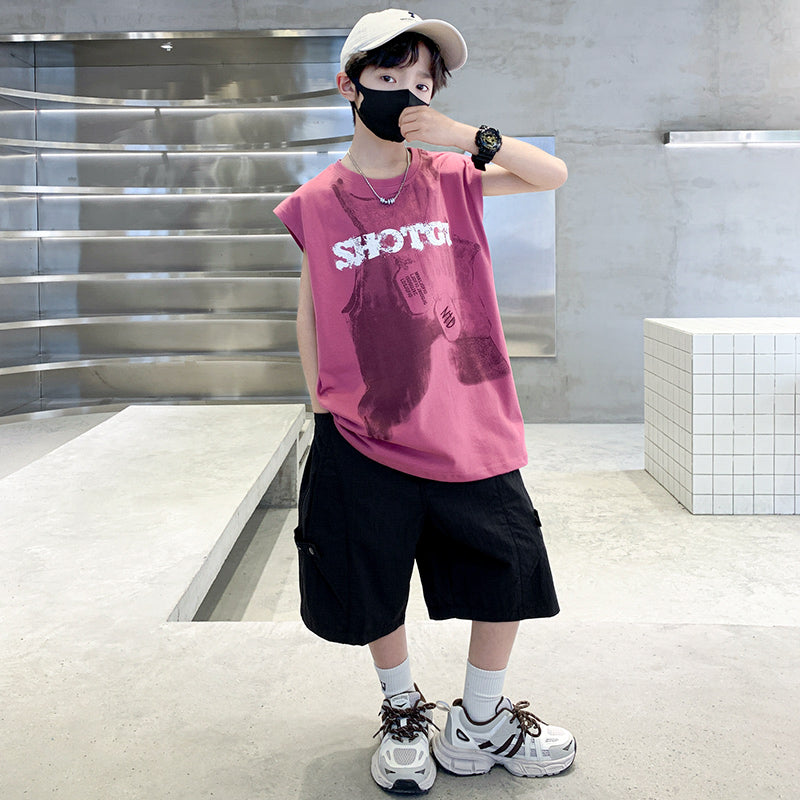 Boys Printed Sleeveless T-shirt With Shorts