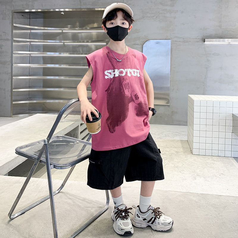 Boys Printed Sleeveless T-shirt With Shorts