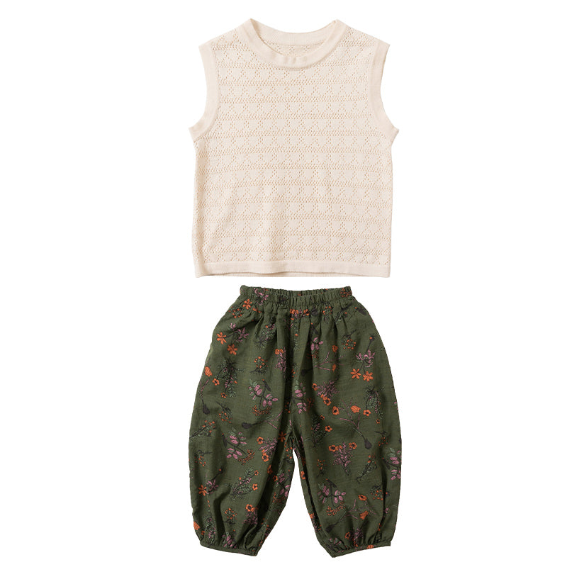 Girls Beige & Green Round Neck Top with Shorts