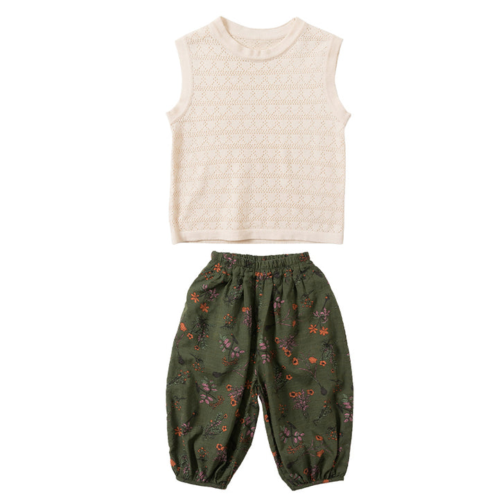 Girls Beige & Green Round Neck Top with Shorts