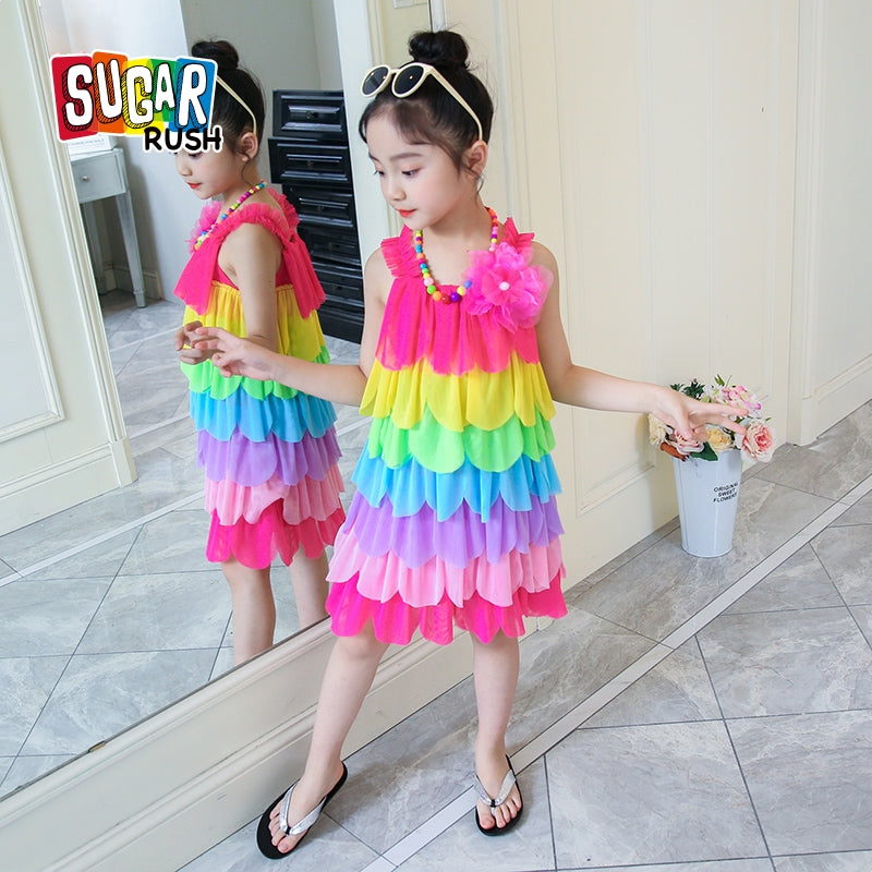 Girls Shoulder Straps Colourblocked Layered A-Line Dress