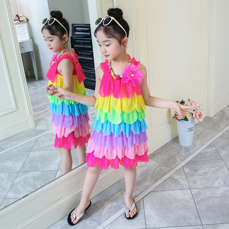 Girls Shoulder Straps Colourblocked Layered A-Line Dress