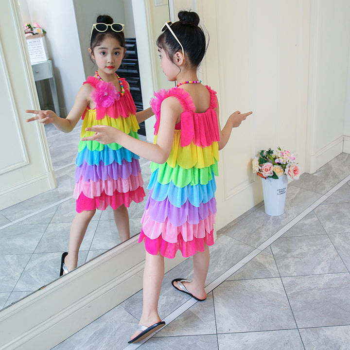 Girls Shoulder Straps Colourblocked Layered A-Line Dress