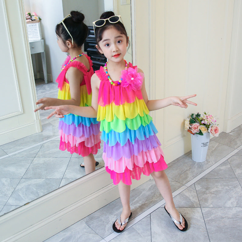 Girls Shoulder Straps Colourblocked Layered A-Line Dress