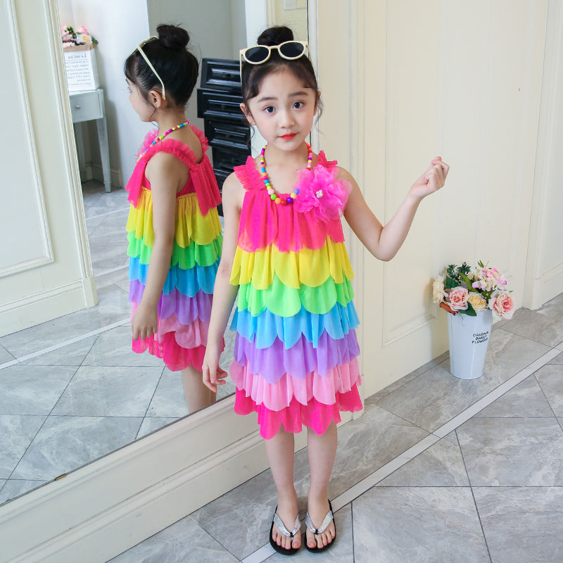 Girls Shoulder Straps Colourblocked Layered A-Line Dress