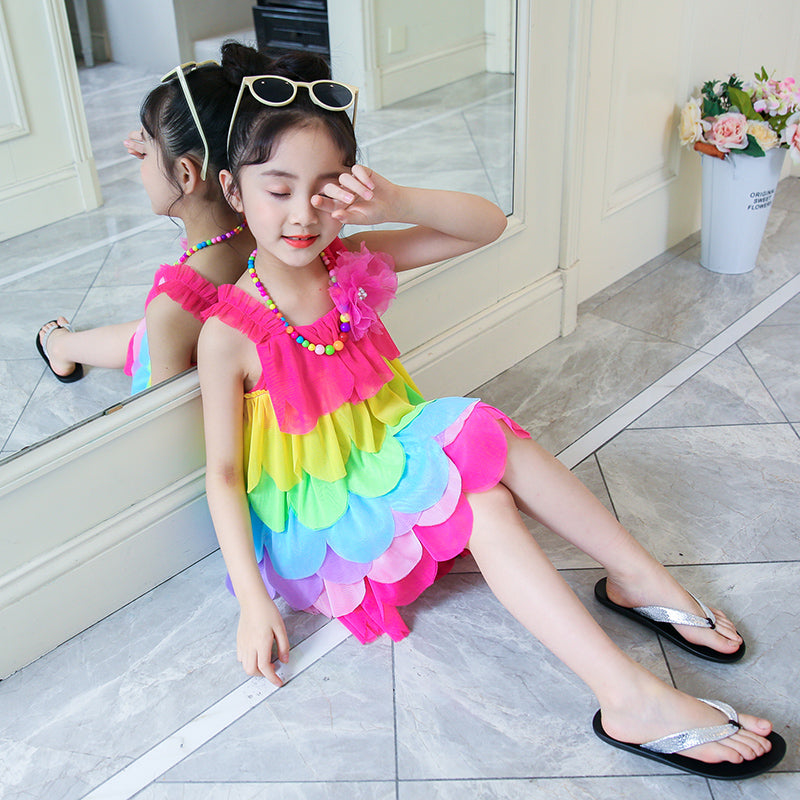 Girls Shoulder Straps Colourblocked Layered A-Line Dress