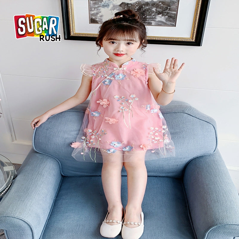 Women Floral Print Flared Sleeve Applique A-Line Dress