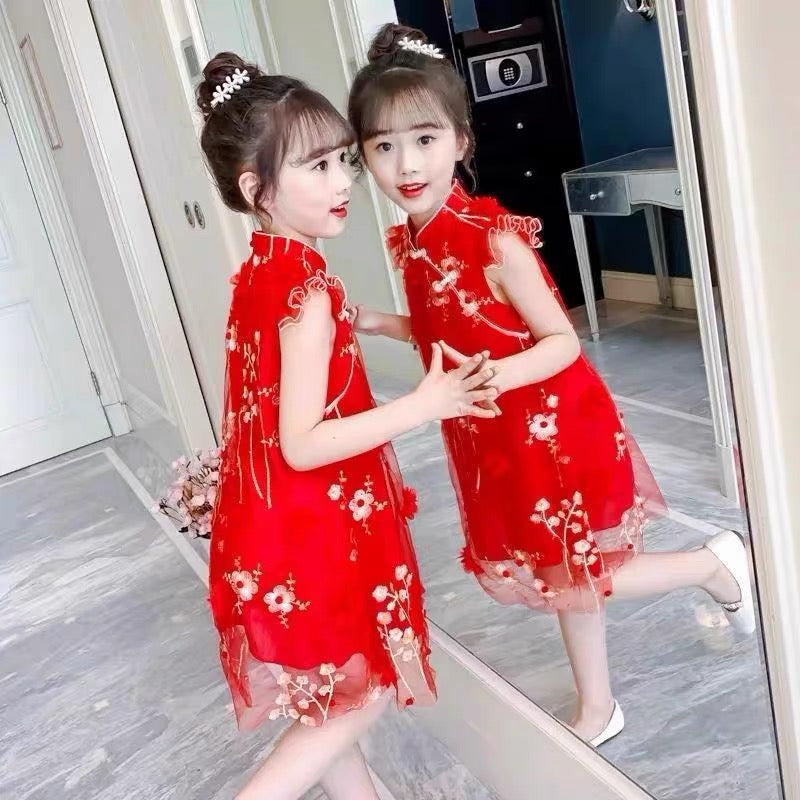 Girls Floral Print Flared Sleeve Applique A-Line Dress