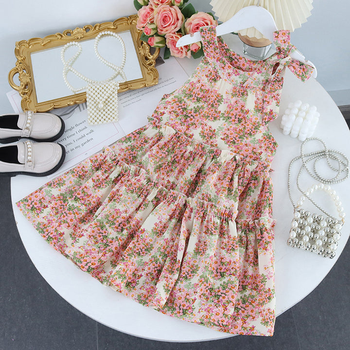 Girls Floral Print Layered A-Line Midi Dress