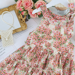 Girls Floral Print Layered A-Line Midi Dress