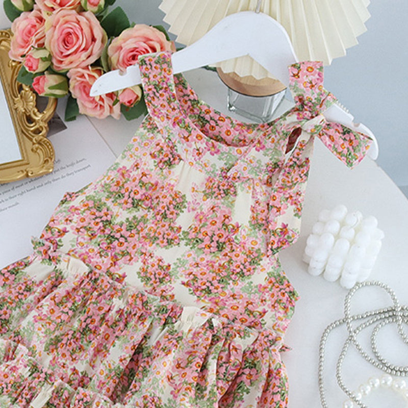 Girls Floral Print Layered A-Line Midi Dress