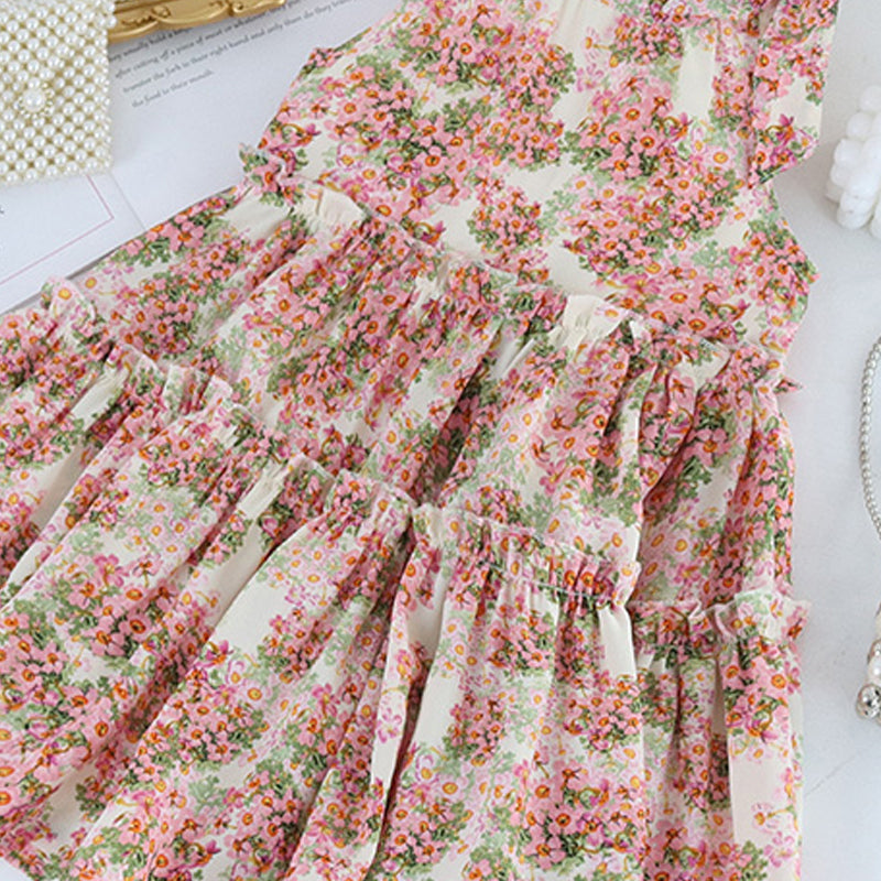 Girls Floral Print Layered A-Line Midi Dress