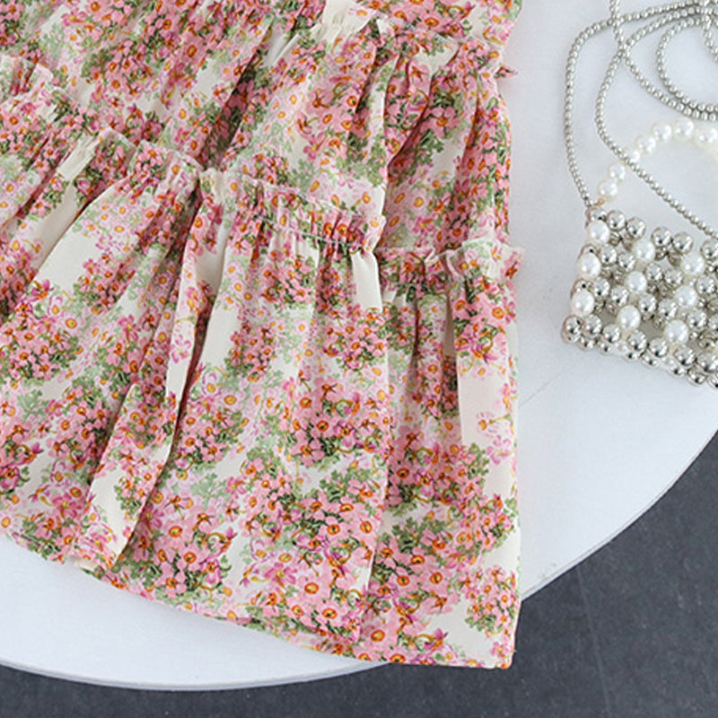 Girls Floral Print Layered A-Line Midi Dress