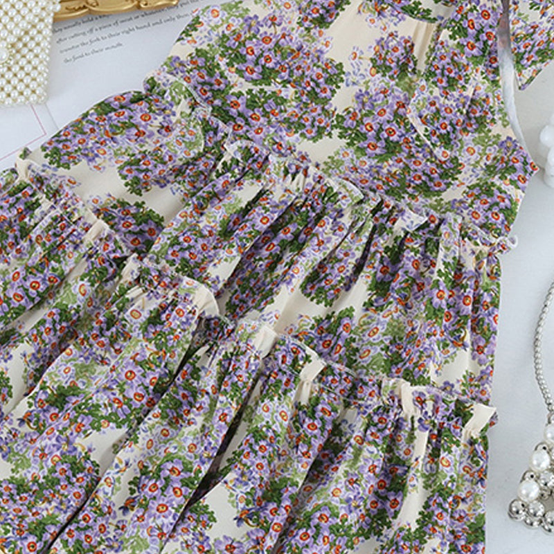 Floral Printed Layered Fit and Flare Midi Dress