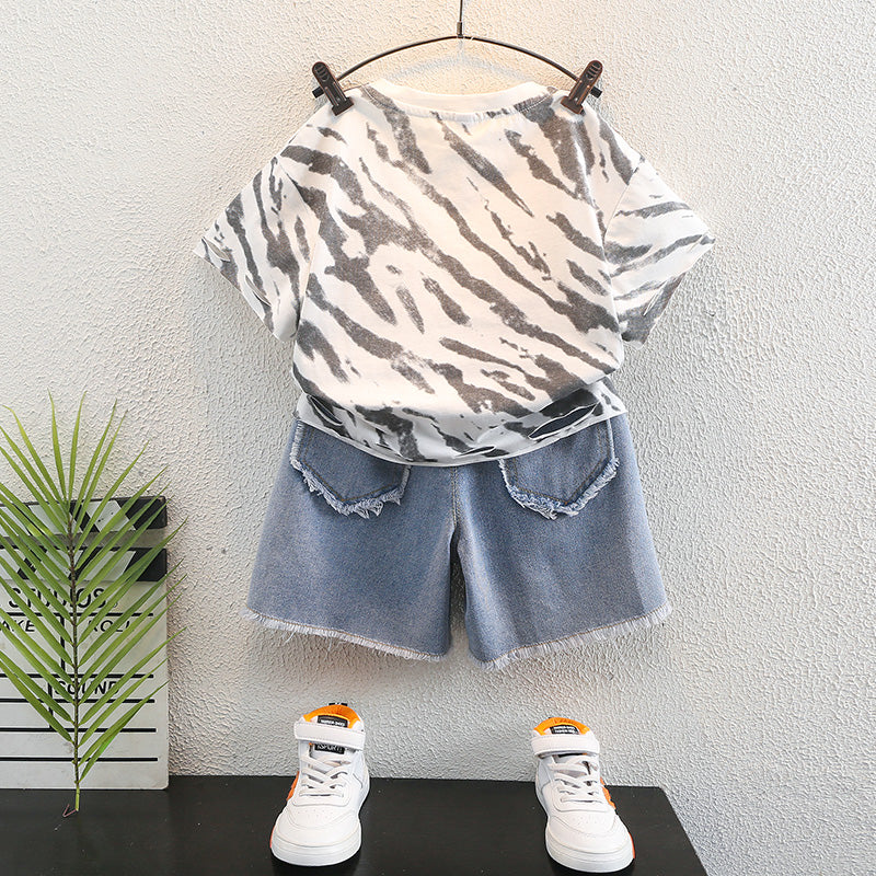 Boys White & Brown Printed Top with Shorts