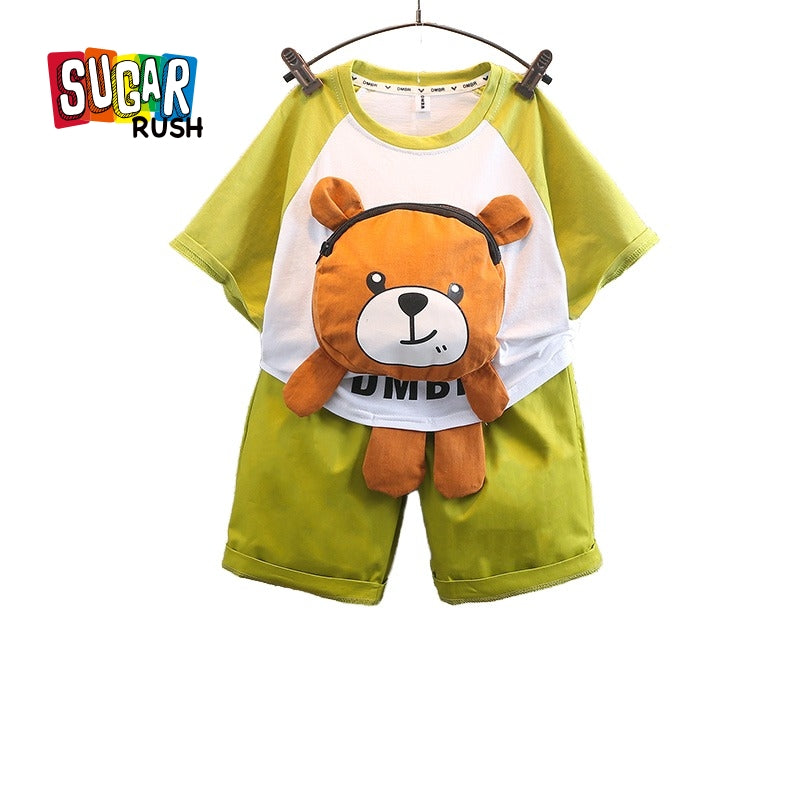 Boys Green & Brown Round Neck Printed T-shirt with Shorts