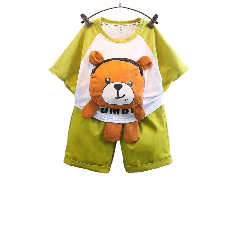Boys Green & Brown Round Neck Printed T-shirt with Shorts