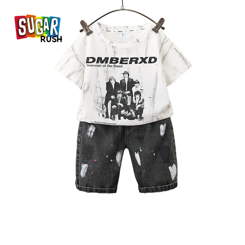 Boys White & Black Round Neck Printed Top with Shorts