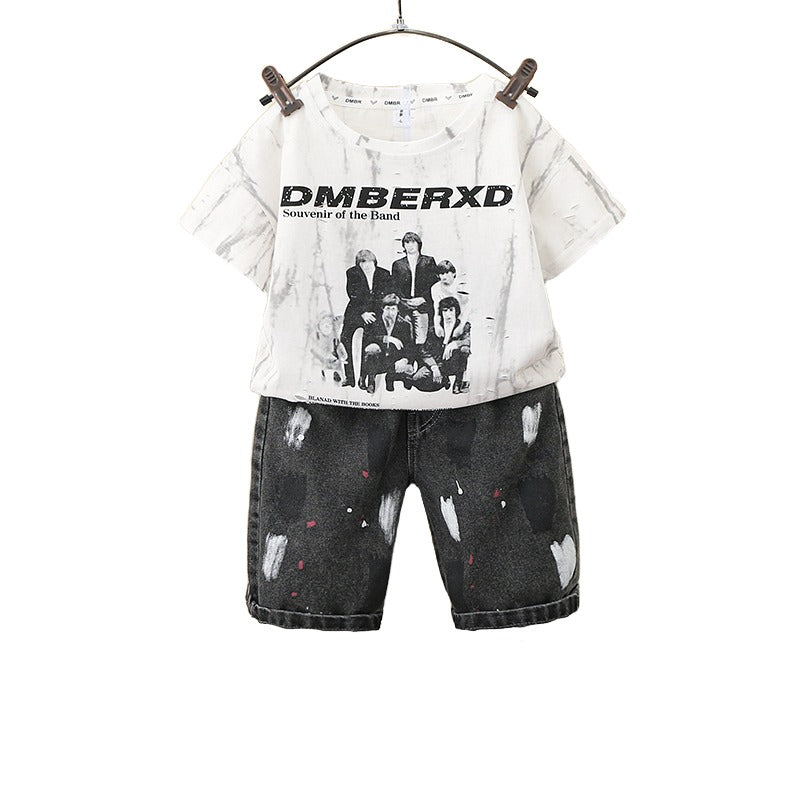Boys White & Black Round Neck Printed Top with Shorts
