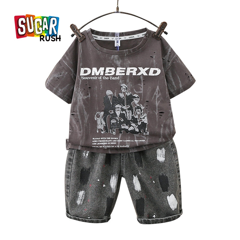 Boys Printed Short Sleeves Round Neck T-shirt with Shorts