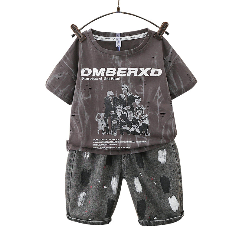 Boys Printed Short Sleeves Round Neck T-shirt with Shorts