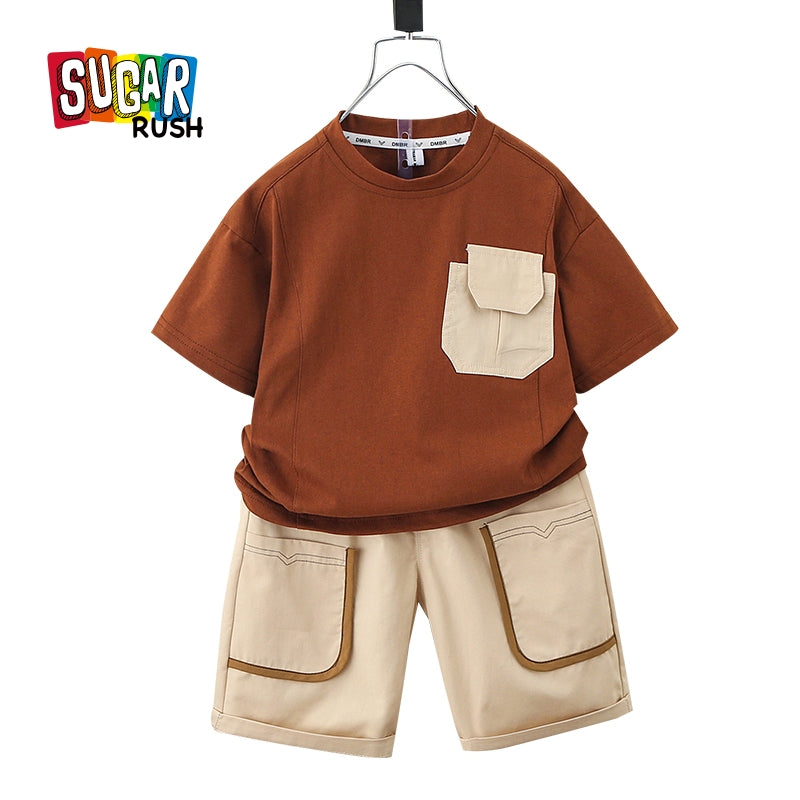 Boys Brown & Cream Round Neck Colourblocked T-shirt with Shorts