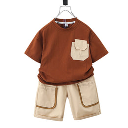Boys Brown & Cream Round Neck Colourblocked T-shirt with Shorts