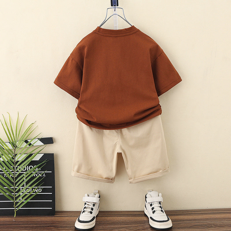 Boys Brown & Cream Round Neck Colourblocked T-shirt with Shorts