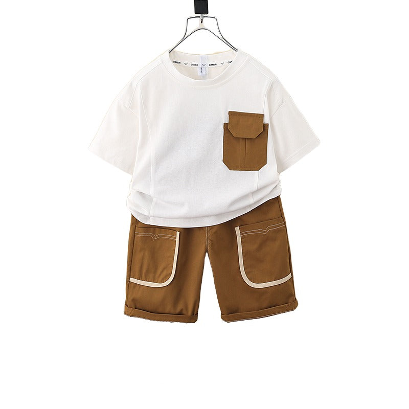 Boys White & Brown Colourblocked T-shirt with Shorts