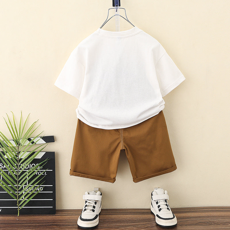 Boys White & Brown Colourblocked T-shirt with Shorts