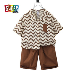 Boys Brown & White Striped Shirt with Shorts