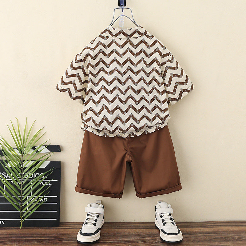 Boys Brown & White Striped Shirt with Shorts