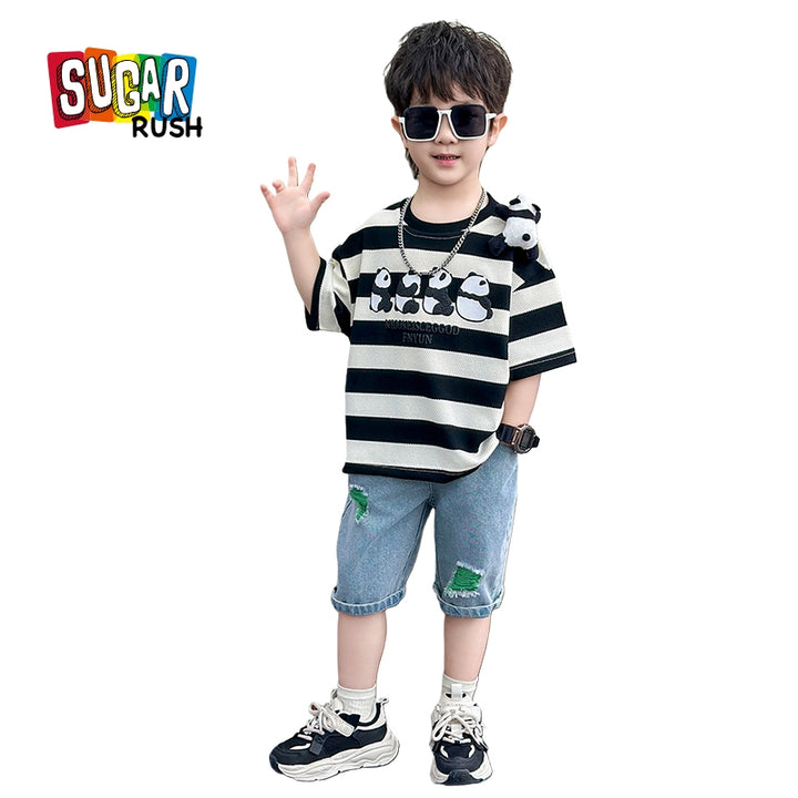 Boys White & Black Striped T-shirt with Shorts