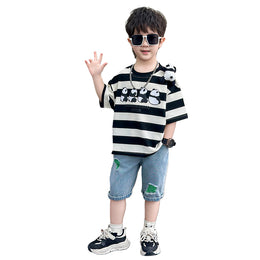 Boys White & Black Striped T-shirt with Shorts