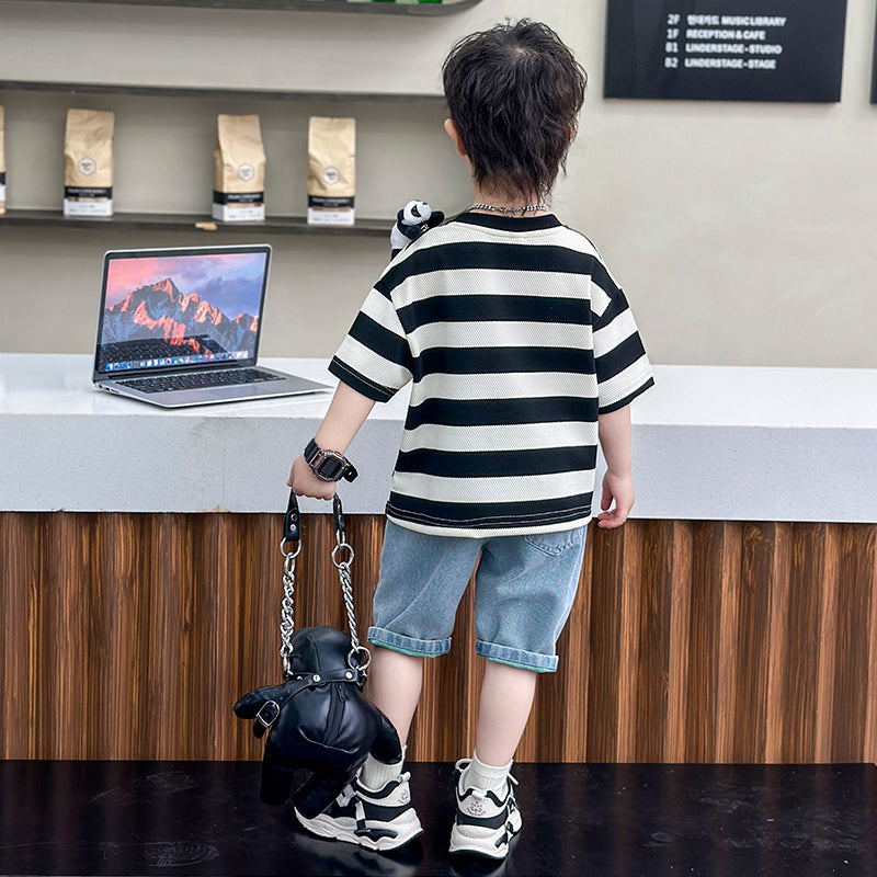 Boys White & Black Striped T-shirt with Shorts