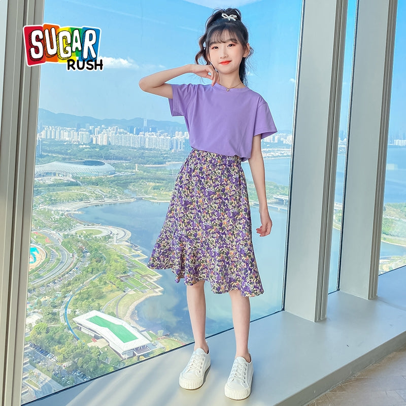 Girls Round Neck Pure Cotton T-shirt With Skirt
