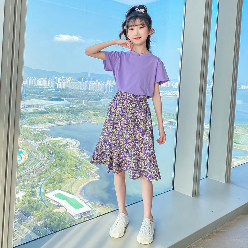 Girls Round Neck Pure Cotton T-shirt With Skirt