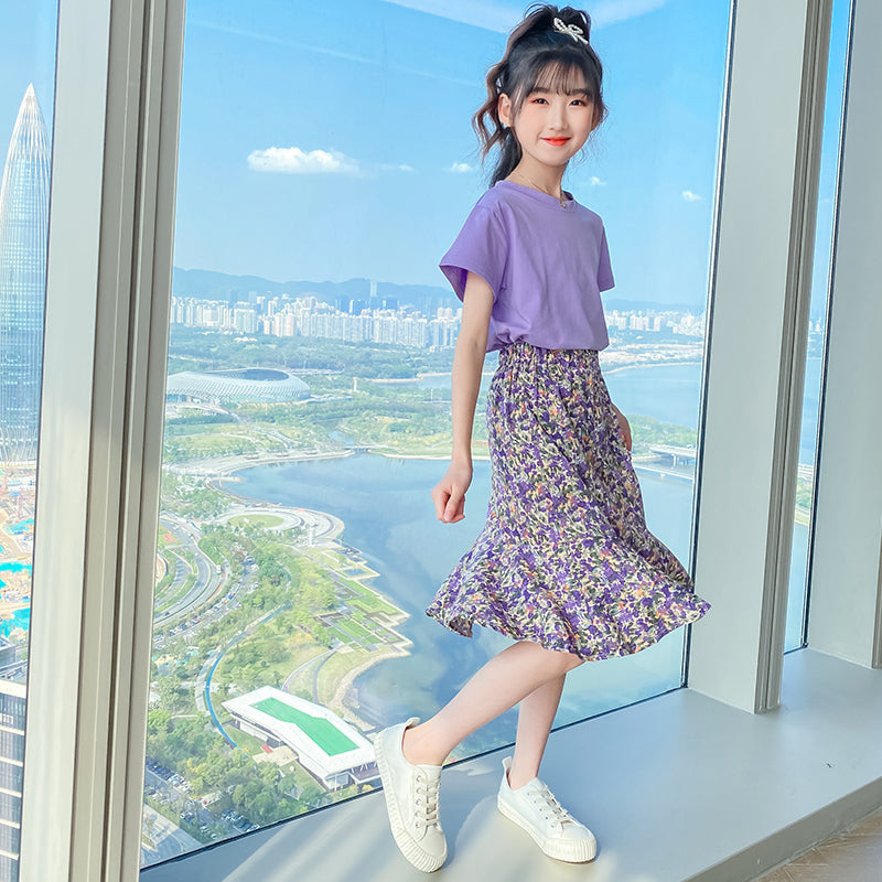 Girls Round Neck Pure Cotton T-shirt With Skirt