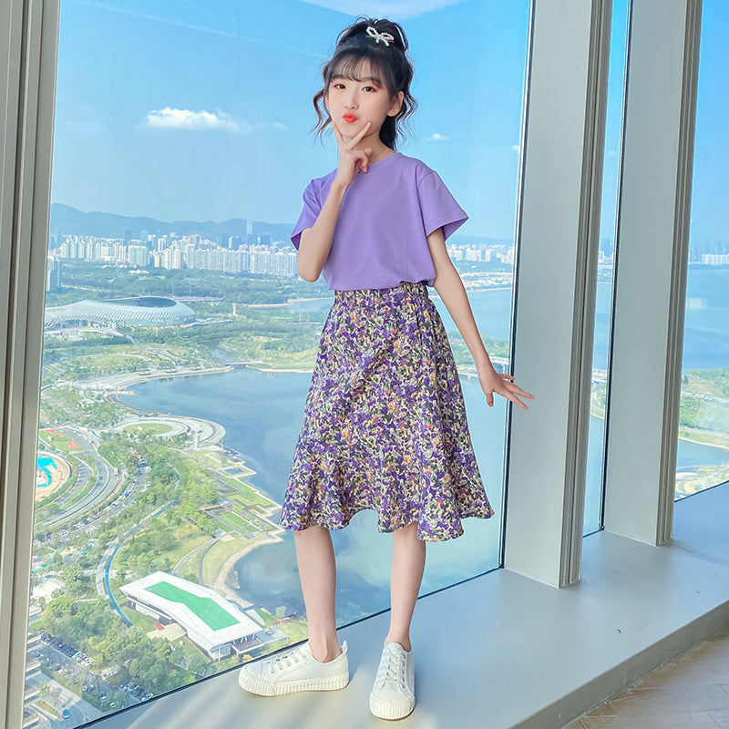 Girls Round Neck Pure Cotton T-shirt With Skirt