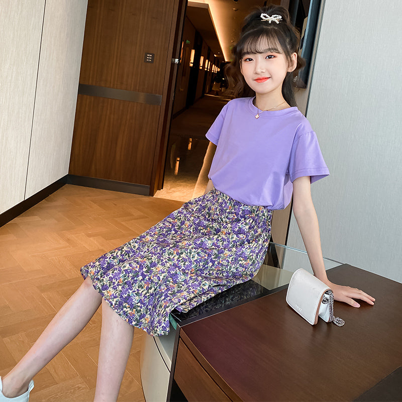 Girls Round Neck Pure Cotton T-shirt With Skirt