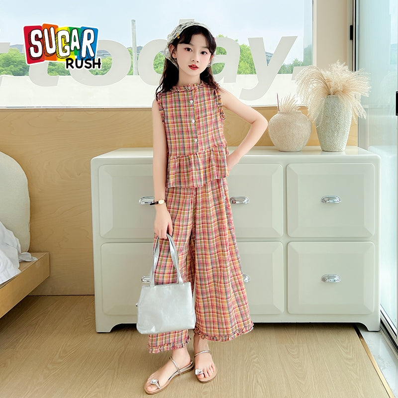 Girls Checked Pure Cotton Mandarin Collar Top With Palazzos