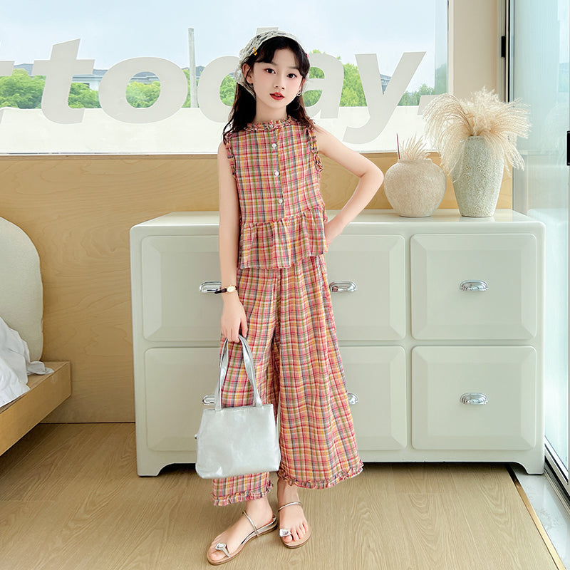 Girls Checked Pure Cotton Mandarin Collar Top With Palazzos